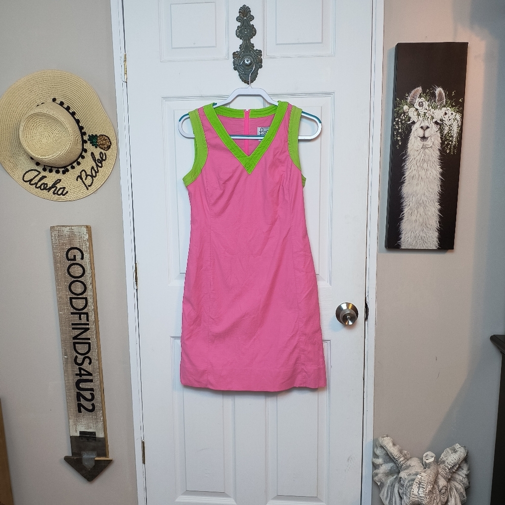 Vintage Classic Lilly Pulitzer Pink Waffled Green Trim Vneck Sheath Dress 6